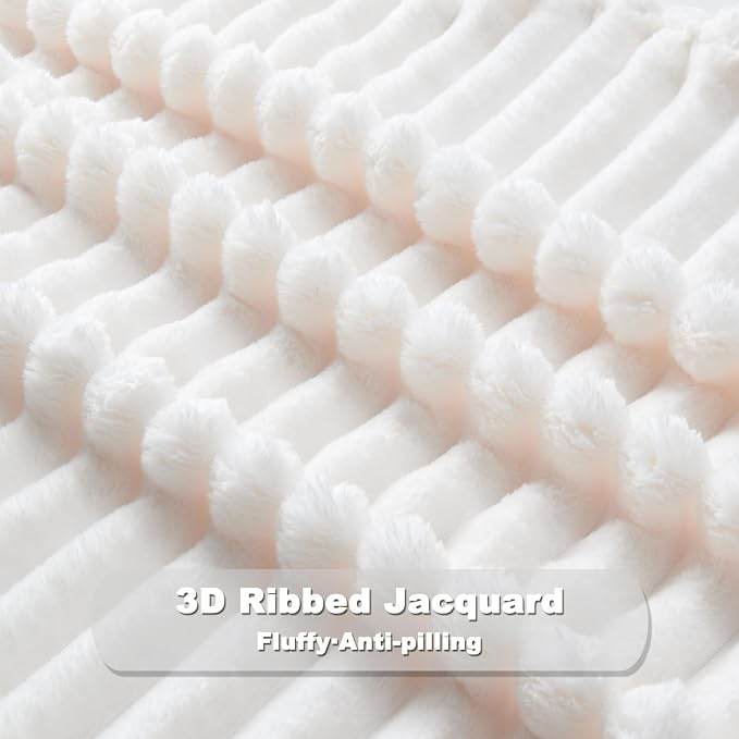 NEWCOSPLAY Fleece Ribbed Cozy King Blanket for Couch, Ivory, 90"x110" | Premium Silky Flannel Blanket, Soft Lightweight Fluffy Throw Blanket for Bed Sofa Decor, Gift for All Season Use