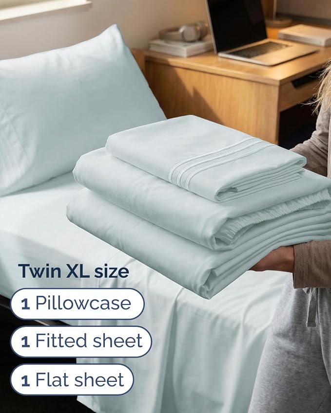Twin XL 3 Piece Sheet Set - College Dorm Room Essentials - Ice Blue | Deep Pocket Bed Sheets for Women, Men, Teens & Students, Soft, Cooling, Breathable & Wrinkle Free, Oeko-Tex Bed Sheet Set