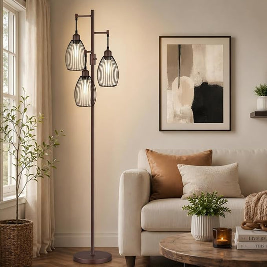Nintiue Dimmable Floor Lamp,3x800LM LED Bulbs Included, Farmhouse Industrial Floor Lamp Standing Tree Lamp with Teardrop Cage Head Tall Lamp for Living Room Bedroom Office Dining Room - Matte Brown