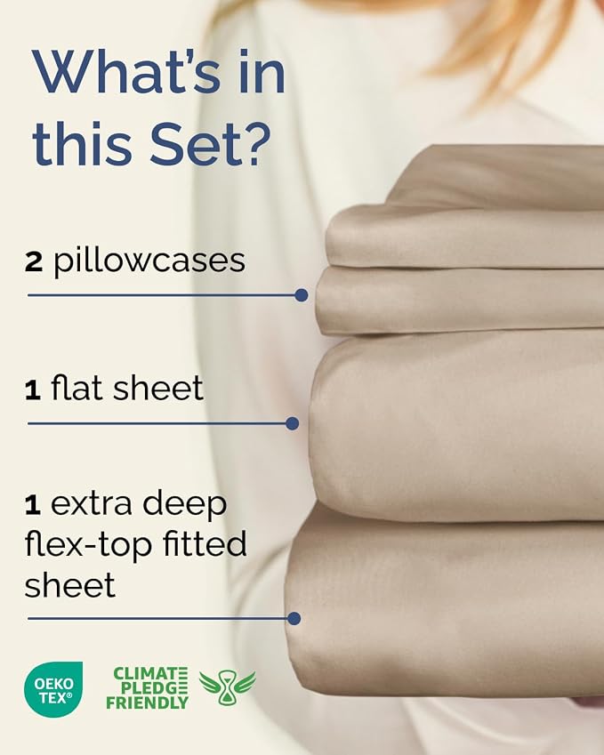 Flex Top Split Head King Sheet Set - 4 Piece Extra Deep Sheets - Wheat | Easily Fits 18 to 24 inch Mattress, Ultra Soft, Wrinkle & Fade Free with Extra Deep Pockets, Comfy Hotel Luxury Bedding