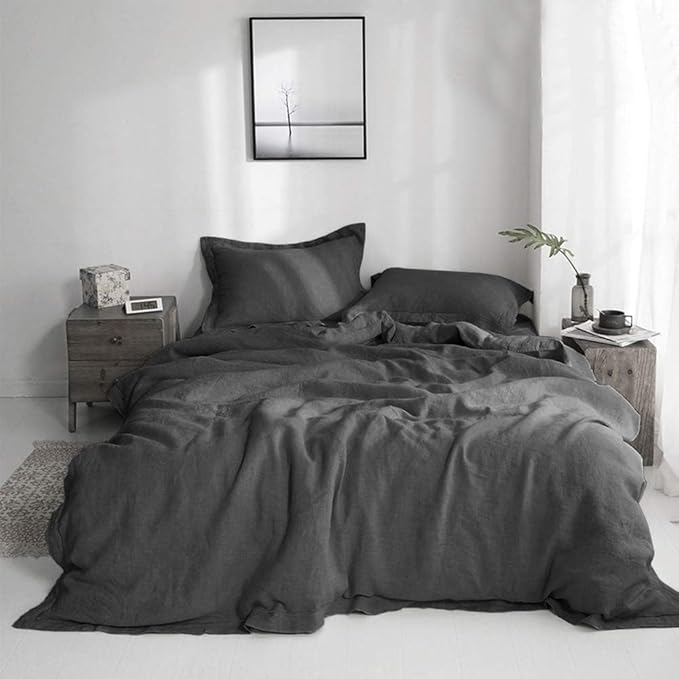 Simple&Opulence 100% Linen Duvet Cover Set with Embroidery Washed - 3 Pieces (1 Duvet Cover with 2 Pillow Shams) with Button Closure Soft Breathable Farmhouse - Dark Grey, King Size