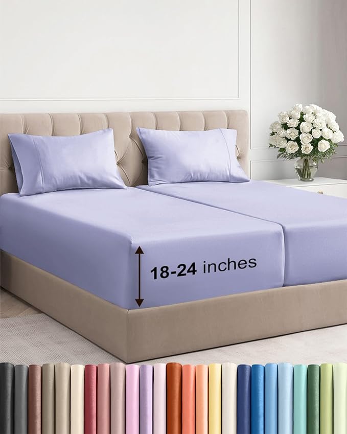 Extra Deep Split King Sheet Set - 5 Piece Soft & Cooling Sheets - Lavender | Easily Fits 18 to 24 inch Mattress - Ultra Soft, Wrinkle & Fade Free with Extra Deep Pockets - Comfy Hotel Luxury Bedding