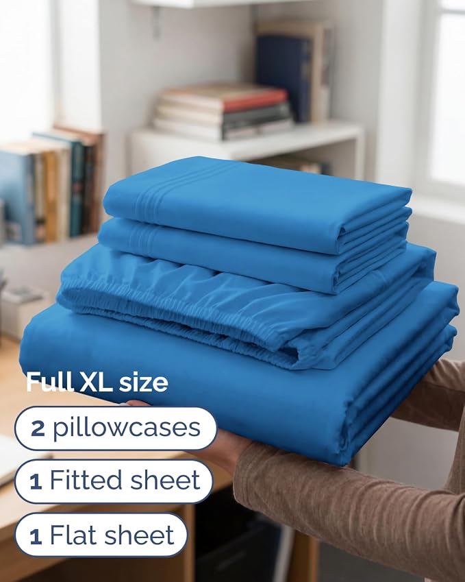 Full XL Sheets - 4 Piece Full XL Sheet Set - Cool & Breathable - Royal Blue | Hotel Luxury Bedding for Women & Men with Deep Pockets, Ultra-Soft, Comfy, Easy-Fit, Wrinkle Free & Fade Resistant, Oeko-Tex