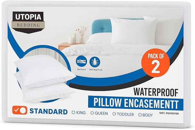 Set of 2 Pillow Protectors with Zipper Standard Size, Pillow Covers | Ultra Soft Pillow Encasements, Bed Bug & Dust Mite Proof, Moisture Wicking and Waterproof Pillow Cases by Utopia Bedding