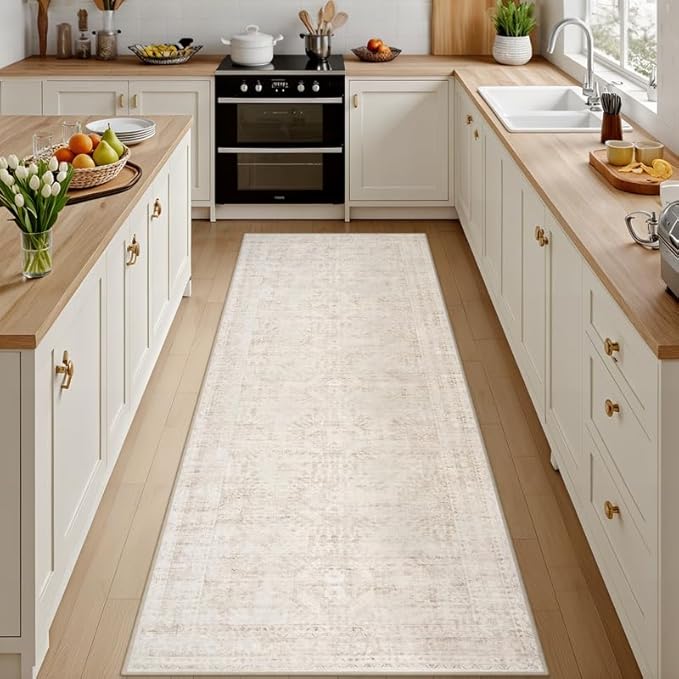 2'6''x8' Hallway Washable Runner Rug: Neutral Kitchen Carpet Beige | Vintage Boho Soft Small Indoor Decor Floor Non-Slip Low Pile Carpet Farmhouse Entryway Laundry Bathroom Bedroom Beside Rugs