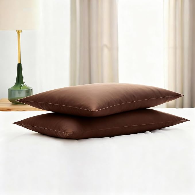 Flat Ultra Thin Bed Pillows Standard Size Pillow Set of 2 Extra Soft Down Alternative for Stomach Back Sleeper Coffee Brown 20x26inches