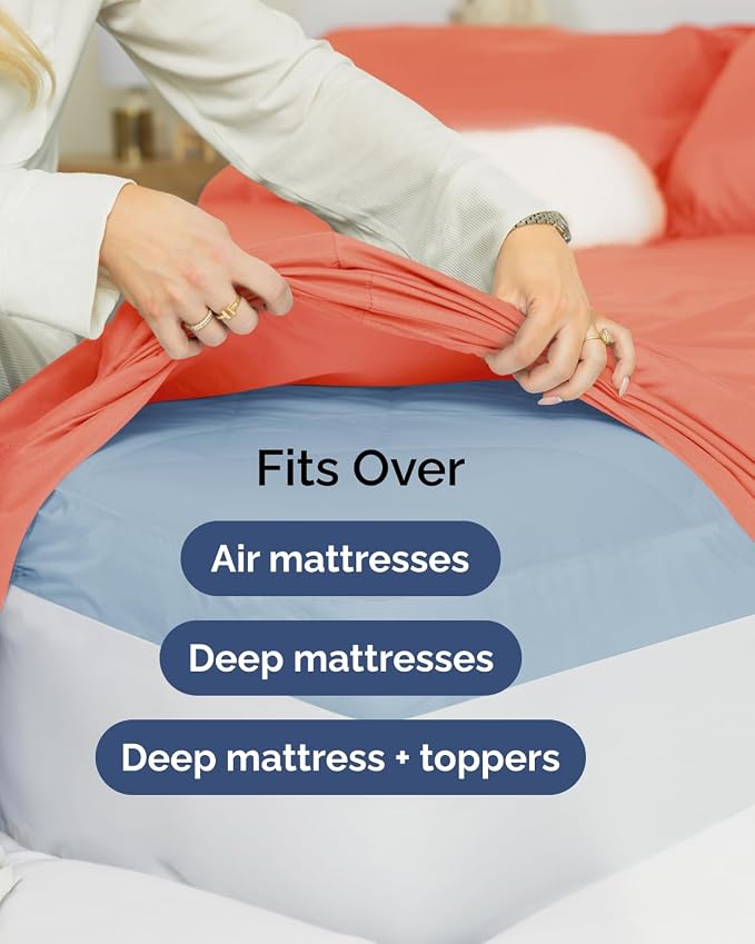 Flex Top Split Head King Sheet Set - 4 Piece Extra Deep Sheets - Coral | Easily Fits 18 to 24 inch Mattress, Ultra Soft, Wrinkle & Fade Free with Extra Deep Pockets, Comfy Hotel Luxury Bedding