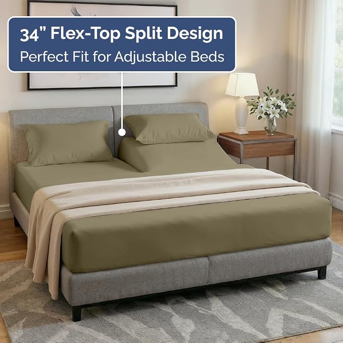 Flex Top Split Head King 4 Piece Sheet Set - Ultra-Soft, Breathable - Khaki | Cooling Bed Sheets Set, Hotel Luxury Bedding for Women & Men with Deep Pockets, Wrinkle Free & Fade Resistant, Oeko-Tex