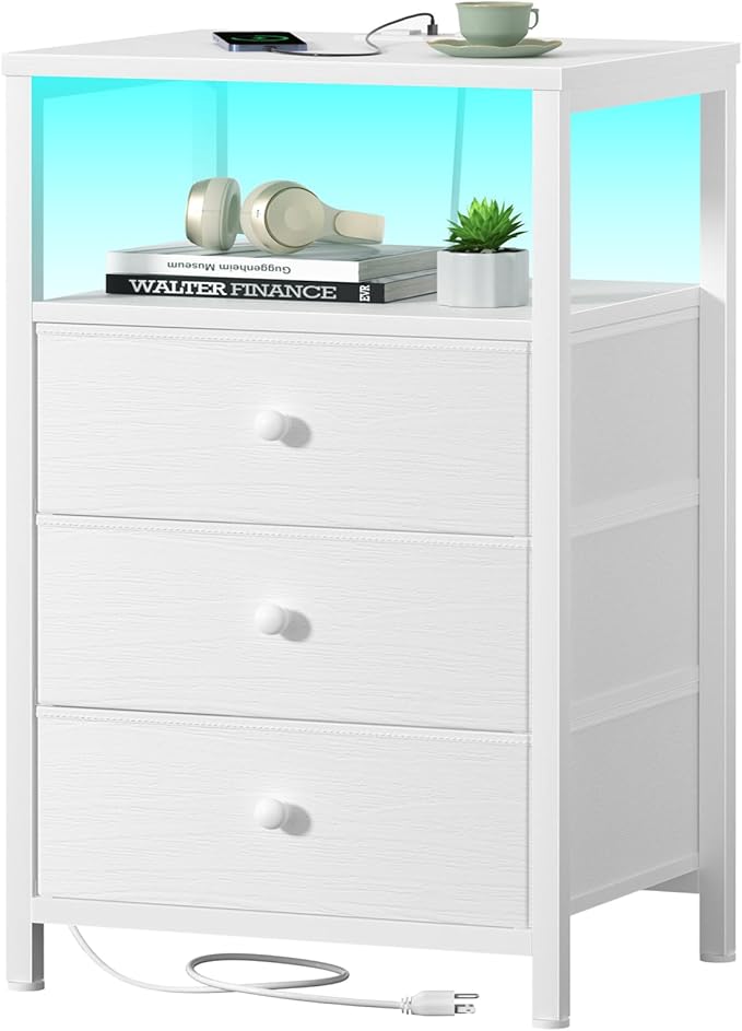 BOLUO White Night Stand with 3 Fabric Drawers, Nightstand with Charging Station LED Nightstand for Bedroom, Bedside Table with USB Ports and Outlets Modern