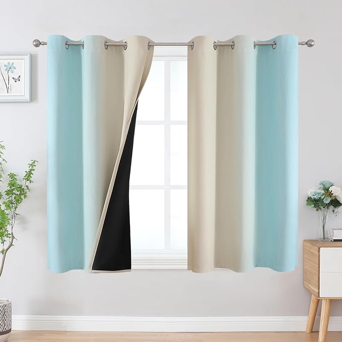 Aqua and Beige Ombre Blackout Curtains for Bedroom 45 Inch | Thermal Insulated Curtains for Living Room, Full Room Darkening, Energy Saving, Grommet Gradient Drapes, 45Wx45L, 2 Panels