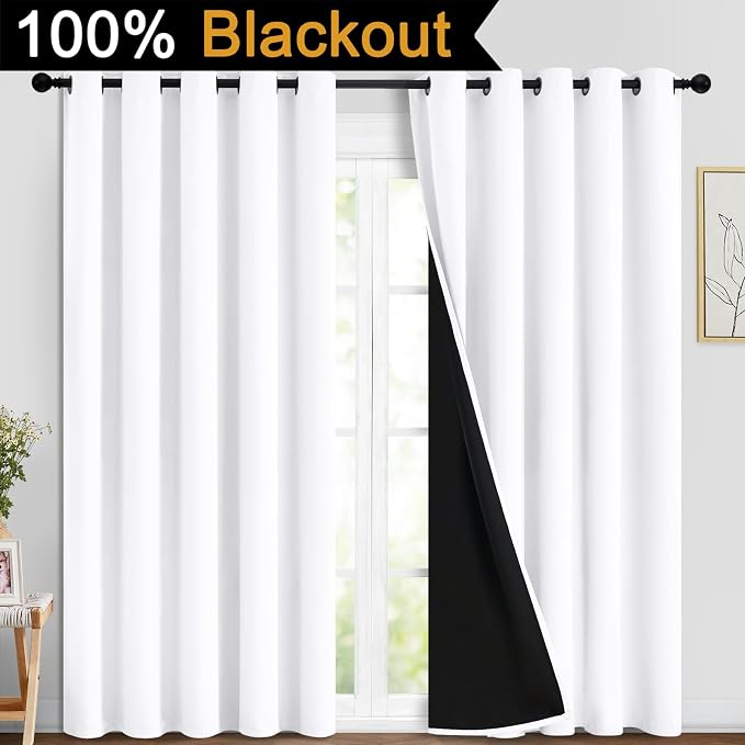 Yakamok Pure White 100% Blackout Curtains 84 Inches Long 70" Wide 2 Panel | Blackout Curtain Panels for Bedroom, 2 Thick Layers Grommet Top Thermal Insulated Drapes with Black Liner for Living Room