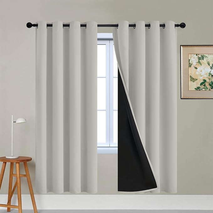 Yakamok Cream Beige 100% Blackout Curtains 72 Inches Long 52" Wide 2 Panels | Blackout Curtain Panels for Bedroom, 2 Thick Layers Grommet Top Thermal Insulated Drapes with Black Liner for Living Room