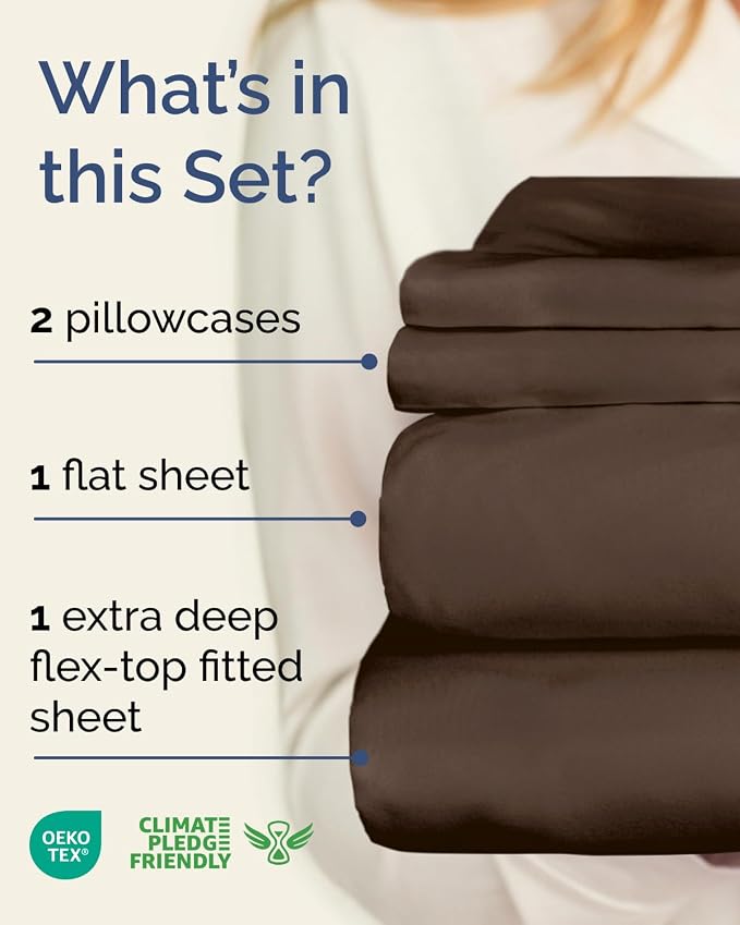 Flex Top Split Head King Sheet Set - 4 Piece Extra Deep Sheets - Brown | Easily Fits 18 to 24 inch Mattress, Ultra Soft, Wrinkle & Fade Free with Extra Deep Pockets, Comfy Hotel Luxury Bedding