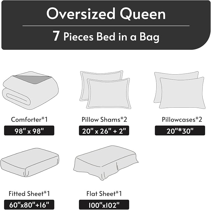 7 Pieces Oversized Queen Comforter Set, Reversible Bed in a Bag Oversized Queen Size, All Season Bedding Set, Flat Sheet, Fitted Sheet, Pillowcases & Shams, Dark Green & Light Green