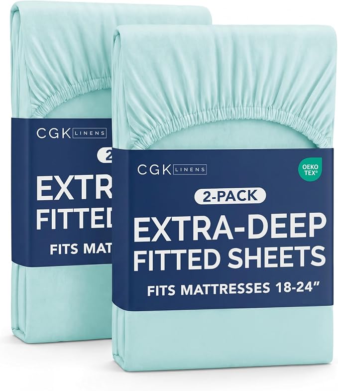 2 Pack Extra Deep Cal King Fitted Sheets with Extra Deep Pockets - Spa Blue | Hotel Luxury Bottom Fitted Sheets Only, Soft, Fade & Wrinkle Free, Breathable & Comfy, All Around Elastic Fitted Sheets