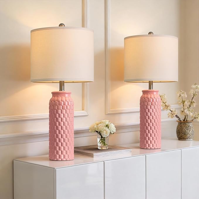 USumkky 27" Ceramic Table Lamps Set of 2 - Modern Farmhouse & Boho Style, Bedside Nightstand Lamps for Bedroom, Living Room End Table Lamps, Small Desk Lamp(Pink)