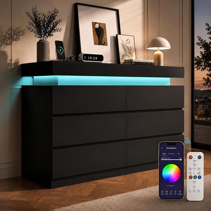 6 Drawer Dresser with LED Lights & Charging Station, Modern Floating Black Dresser for Bedroom, Smart Storage Chest with 2 AC Outlets & USB Ports for Living Room, Closet, Entryway