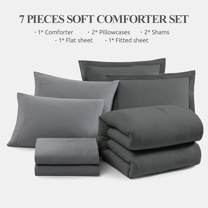 Queen Comforter Set-7 Pieces Soft Prewashed Bed in a Bag Queen Bedding Sets | All Season Comforter with Sheets, Pillow Shams & Pillowcases, Grey