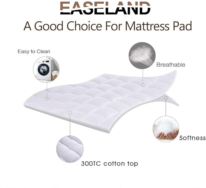 EASELAND Queen Size Mattress Pad Cotton Pillow Top Mattress Topper White | Cooling Mattress Cover Cotton Top,8-21" Deep Pocket Protector,60x80 Inches,Boxing Quilted & Machine Washable