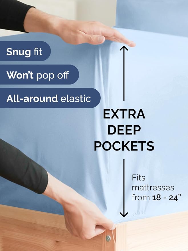 Extra Deep Full Fitted Sheet - Single Fitted Sheet Only - Light Blue | Easily Fits 18 inch to 24 inch Mattress, Soft, Wrinkle Free, Breathable & Comfy, Extra Deep Pockets Hotel Luxury Fitted Sheet