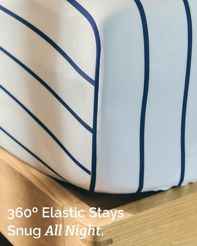 Cal King 4 Piece Striped Sheet Set - Breathable & Cooling - Navy Stripe | 1 Flat, 1 Fitted & 2 Pillowcases w/ Deep Pockets, Luxury Striped Bedding, Soft, Breathable & Cooling, Wrinkle & Fade Free