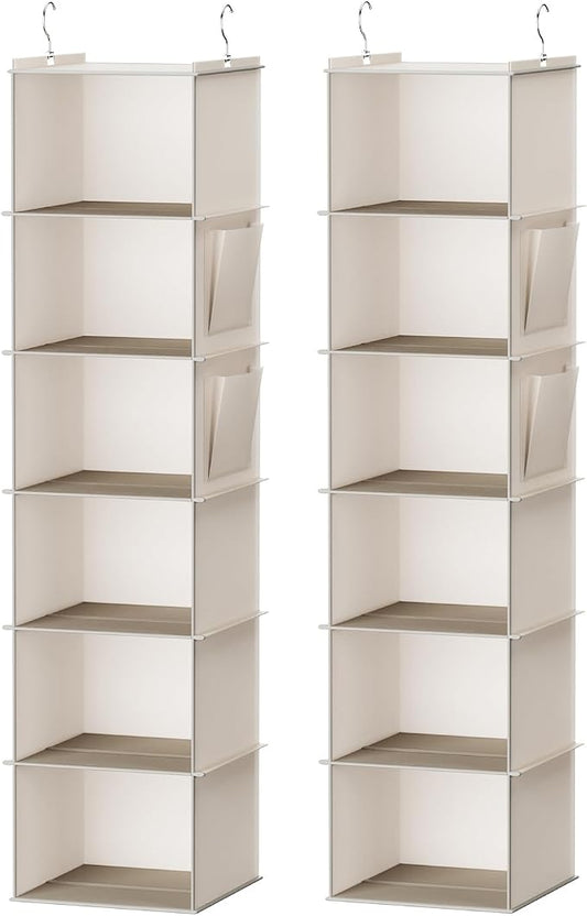 YOUDENOVA Hanging Closet Organizer and Storage, 6-Shelf, 2 Packs, Beige | Breathable Fabric, 2 Side Pockets, Clothes Organizer, Hanging Shelves, Closet Storage, College Dorm Room Essentials for Guys