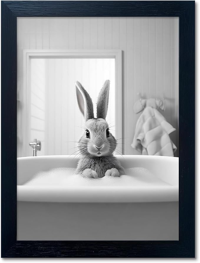 Kids Bathroom Decor, Black and White Cute Animal Canvas Wall Art, Funny Rabbit in Bathtub, Framed Farmhouse Picture Wall Decor Print Artworks for Bathroom