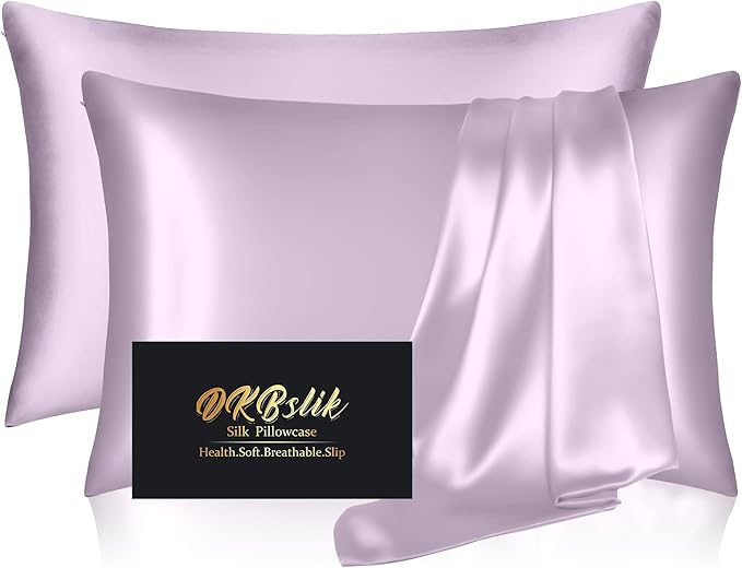 Silk Pillow Cases 2 Pack, Mulberry Silk Pillowcases Standard Set of 2, Smooth, Anti Acne, Beauty Sleep, Both Sides Natural Silk Satin Pillow Cases for Women 2 Pack with Zipper for Gift, Lavender