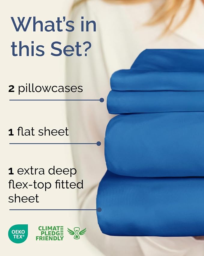 Flex Top Split Head King Sheet Set - 4 Piece Extra Deep Sheets - Royal Blue | Easily Fits 18 to 24 inch Mattress, Ultra Soft, Wrinkle & Fade Free with Extra Deep Pockets, Comfy Hotel Luxury Bedding