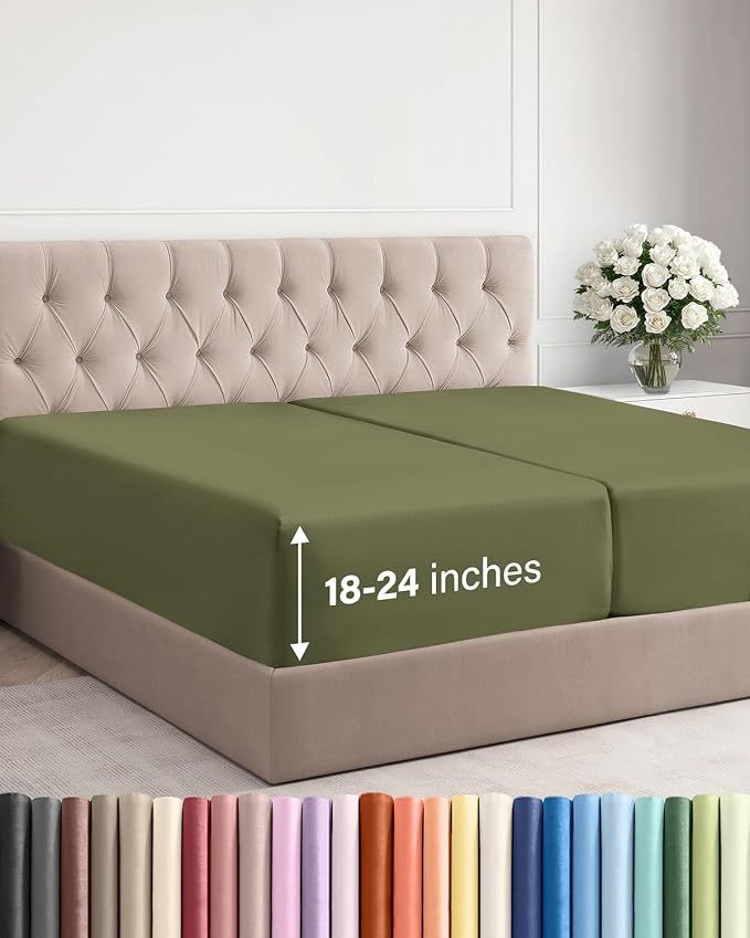 Extra Deep Split King Fitted Sheet - Single Fitted Sheet Only - Sage Green | Easily Fits 18 inch to 24 inch Mattress, Soft, Wrinkle Free, Breathable & Comfy, Extra Deep Pockets Hotel Luxury Fitted Sheet