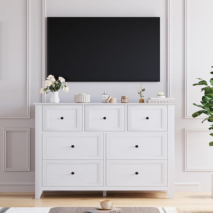 Garvee White 7-Drawer Dresser for Bedroom, 54" Entryway Storage Organizer | Modern Lacquered Chest of Drawers for Bedroom, 15.8"D x 54"W x 31.5"H, MDF