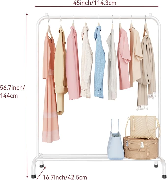 Clothing Clothes Rack with Storage Shelf, 45" L Standard Garment Rack for Hanging Clothes, Metal Portable Wardrobe Rack for Laundry Room, Bedroom, White