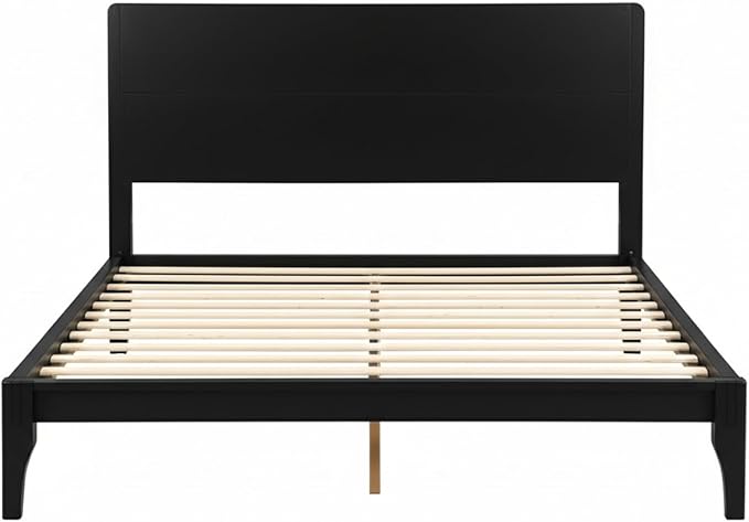 Merax Full Size Bamboo Platform Bed Frame with Tall Headboard, Black | Mid-Century Modern Solid Bedframe Full-Size, Wood Slat Support, No Box Spring Needed, Easy Assembly, Noise Free