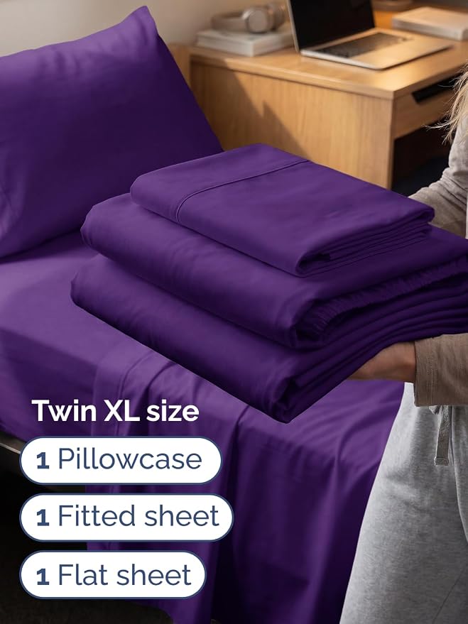 Extra Deep Twin XL Sheet Set - 3 Piece College Dorm Room - Purple | Soft, Breathable & Cooling, Easily Fits 18 to 24 inch Mattress, Wrinkle Free & Fade Resistant with Extra Deep Pockets