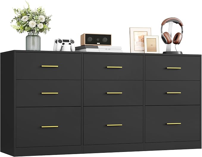 VASAGLE 9-Drawer Dresser, Chest of Drawers, 63.1 x 15.8 x 30.7 Inches | Bedroom chest of drawers, Ink Black, Custos Collection, ULTS419BC01S