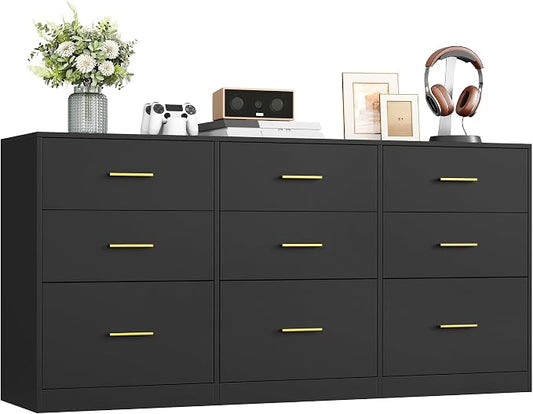 VASAGLE 9-Drawer Dresser, Chest of Drawers, 63.1 x 15.8 x 30.7 Inches | Bedroom chest of drawers, Ink Black, Custos Collection, ULTS419BC01S