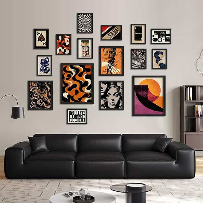 16 PCS Framed Retro 70s Wall Art Decor, Eclectic Vintage Wall Prints for Bedroom, Gallery Wall Frame Set, Abstract Posters for Living Room Aesthetic, Collage Kit, 60s 80s 90s Dorm Home Artwork