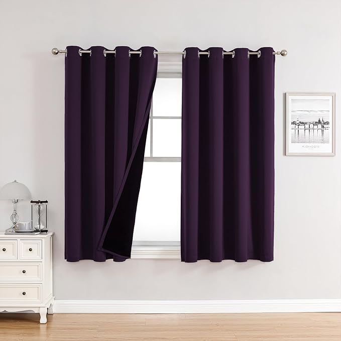 ChrisDowa 100% Blackout Curtains for Bedroom 63 Inches Long 2 Panels Set | 2 Thick Layers, Thermal Insulated, Light Blocking, Grommet, Window Treatment, Living Room Drapes, Royal Purple, 52 x 63 Inch