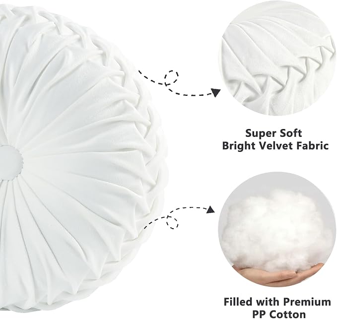 HIG Set of 2 Off White Velvet Decorative Round Pleated Throw Pillows | Vintage Floor Pillows, Classy Accent Pumpkin with Center Button, for Sofa Couch Vanity Chair Bed, 14.5" Diameter