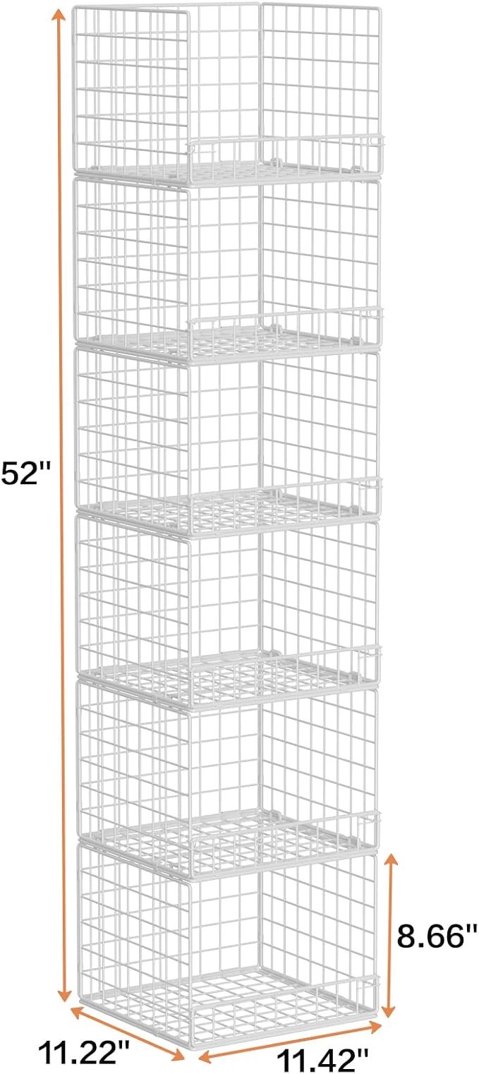 6-Tier Stackable Closet Organizers and Storage Baskets, Closet Shelf Organizer for Small Space, Space-Saving closet organizer system, Foldable Clothes Storage Bins for Closet Organizer System, White