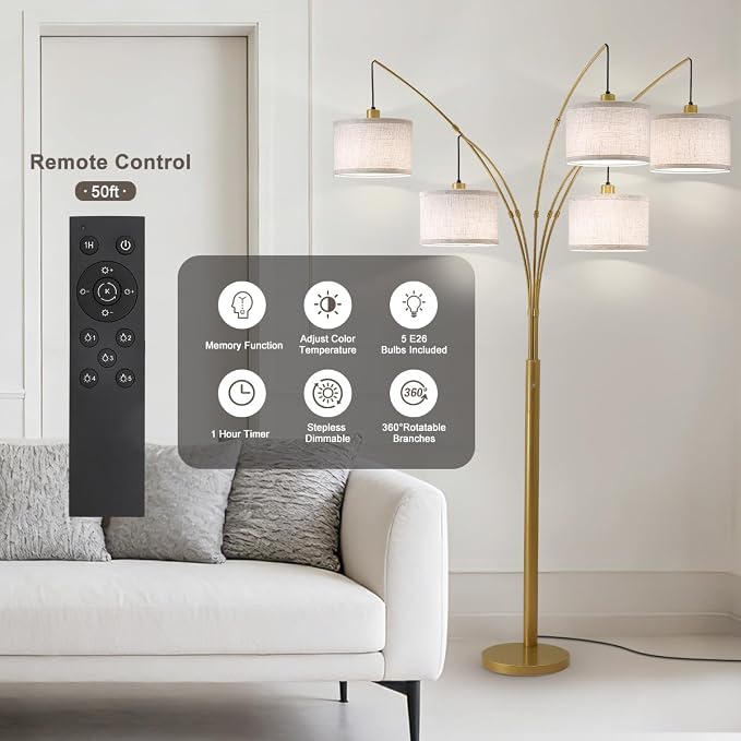Gold Floor Lamps for Living Room, 4000LM Super Bright Arc Floor Lamp with Remote Control, Large Tall Floor Lamps with Stepless Dimmable, 80" Mid Century Tree Floor Lamp for Bedroom, Office