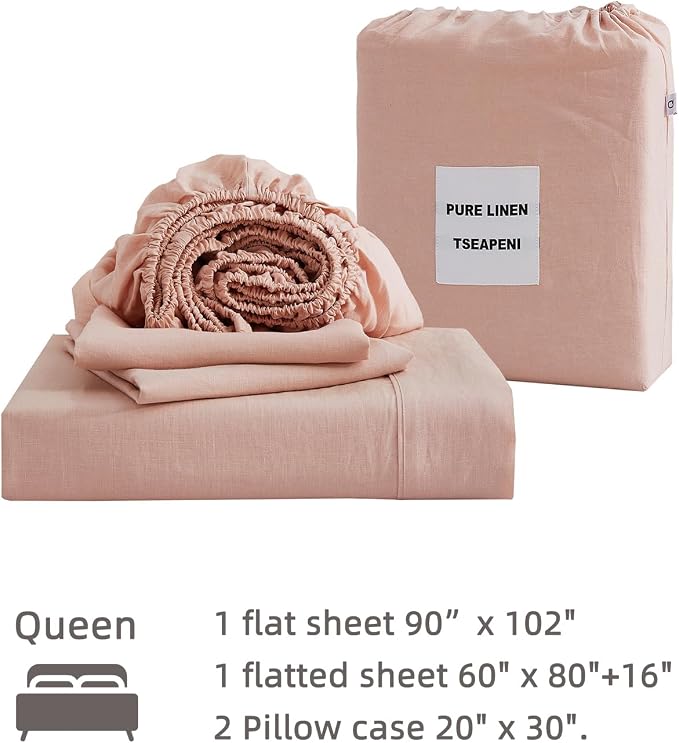 100% Linen Sheets Set Queen Size, Natural Pure Flax 4 Piece Bed Sets, 16" Deep Pocket, Breathable Cooling Bed Soft Durable Bedding, Machine Washable (Pink,Queen)