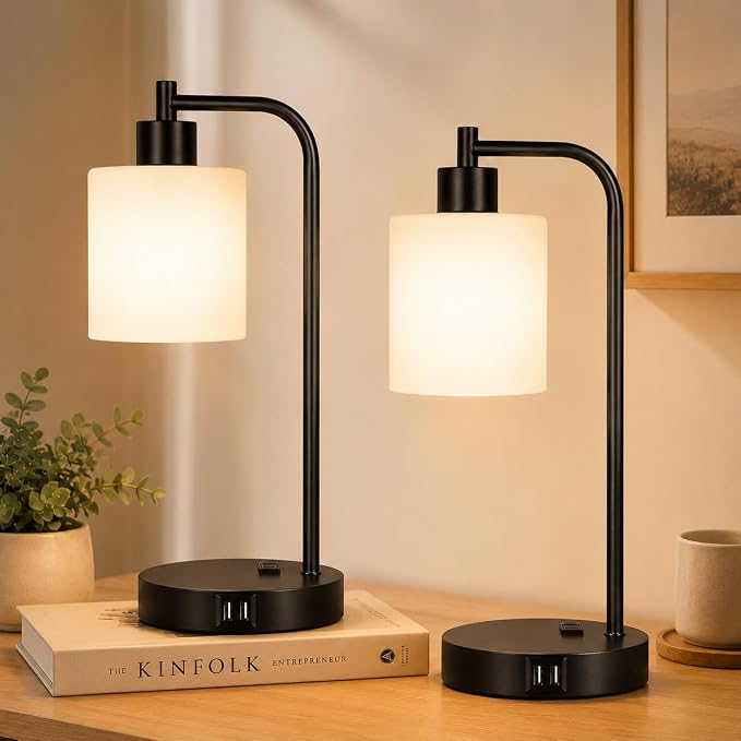 Set of 2 Industrial Touch Control Table Lamps with 2 USB Ports and AC Outlet - 3-Way Dimmable Black Bedside Lamp Nightstand Desk Lamps for Bedroom Living Room, Opal Glass Shade & 2 LED Bulbs Included