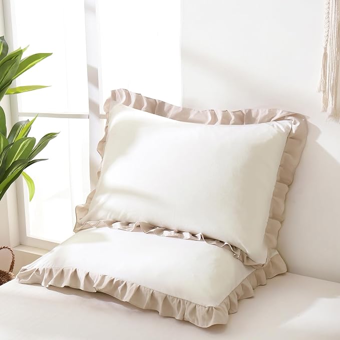 Merryword Beige Pillow Ruffled Shams White and Beige Reversible Standard Pillowcases Cute Pillow Cover Set of 2 Soft Shabby Chic Pillowcases 2 Pack (Queen (20''x30''), White Beige)
