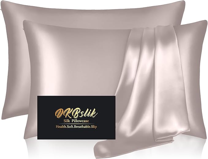 Silk Pillow Cases 2 Pack, Mulberry Silk Pillowcases Standard Set of 2, Smooth, Anti Acne, Both Sides Natural Silk Satin Pillow Cases for Sleeping Women 2 Pack with Zipper, Taupe