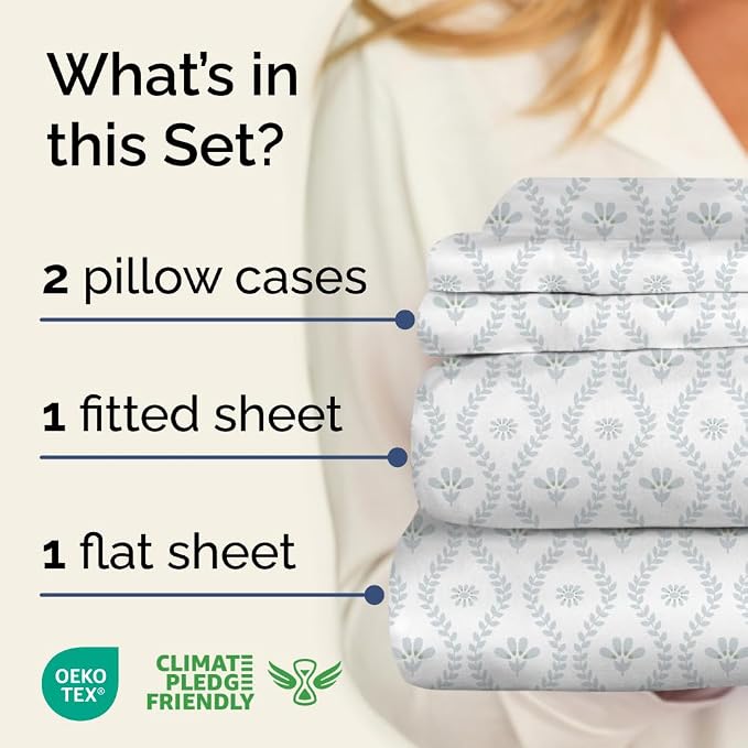 King 4 Piece Floral Sheet Set - Soft, Breathable & Cooling - Grey Damask | 1 Flat, 1 Fitted & 2 Pillowcases w/ Deep Pockets, Boho Botanical Floral Bedding, Breathable & Cooling, Wrinkle & Fade Free