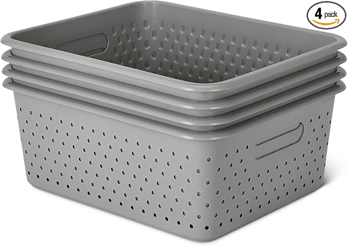 Amazon Basics Decorative BPA-Free Plastic Storage Baskets, 13.66 x 11.34 x 5.39 in, Grey, 4-Pack