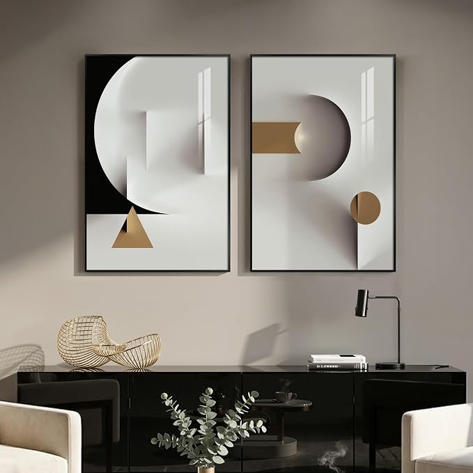Large Framed Modern Elegant Abstract Wall Art Decor Set of 2, 24x36 In | Geometric, Canvas prints, Black white gold, Minimalist paintings, Living room, Bedroom, Dining room pictures wall decor