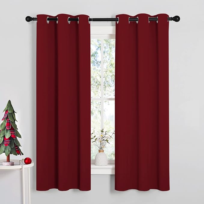 NICETOWN Christmas Window Curtains, 1 Pair, 34 by 63-in, Burgundy Red | Blackout Drapes, Thermal Insulated Solid Grommet Blackout Curtains/Draperies for Living Room