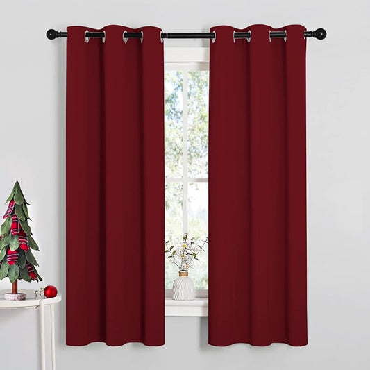NICETOWN Christmas Window Curtains, 1 Pair, 34 by 63-in, Burgundy Red | Blackout Drapes, Thermal Insulated Solid Grommet Blackout Curtains/Draperies for Living Room